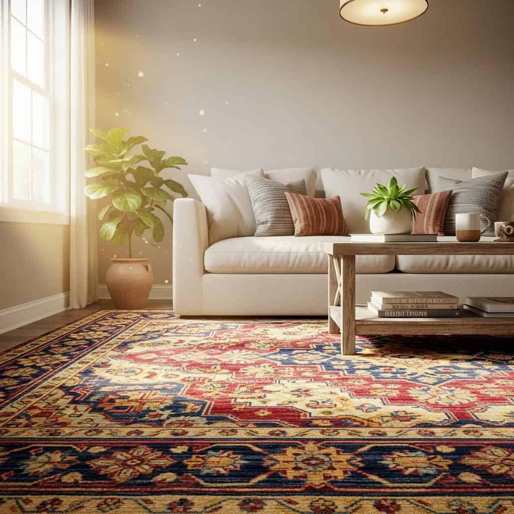Cozy living room with a vibrant area rug, emphasizing cleaning and maintenance
