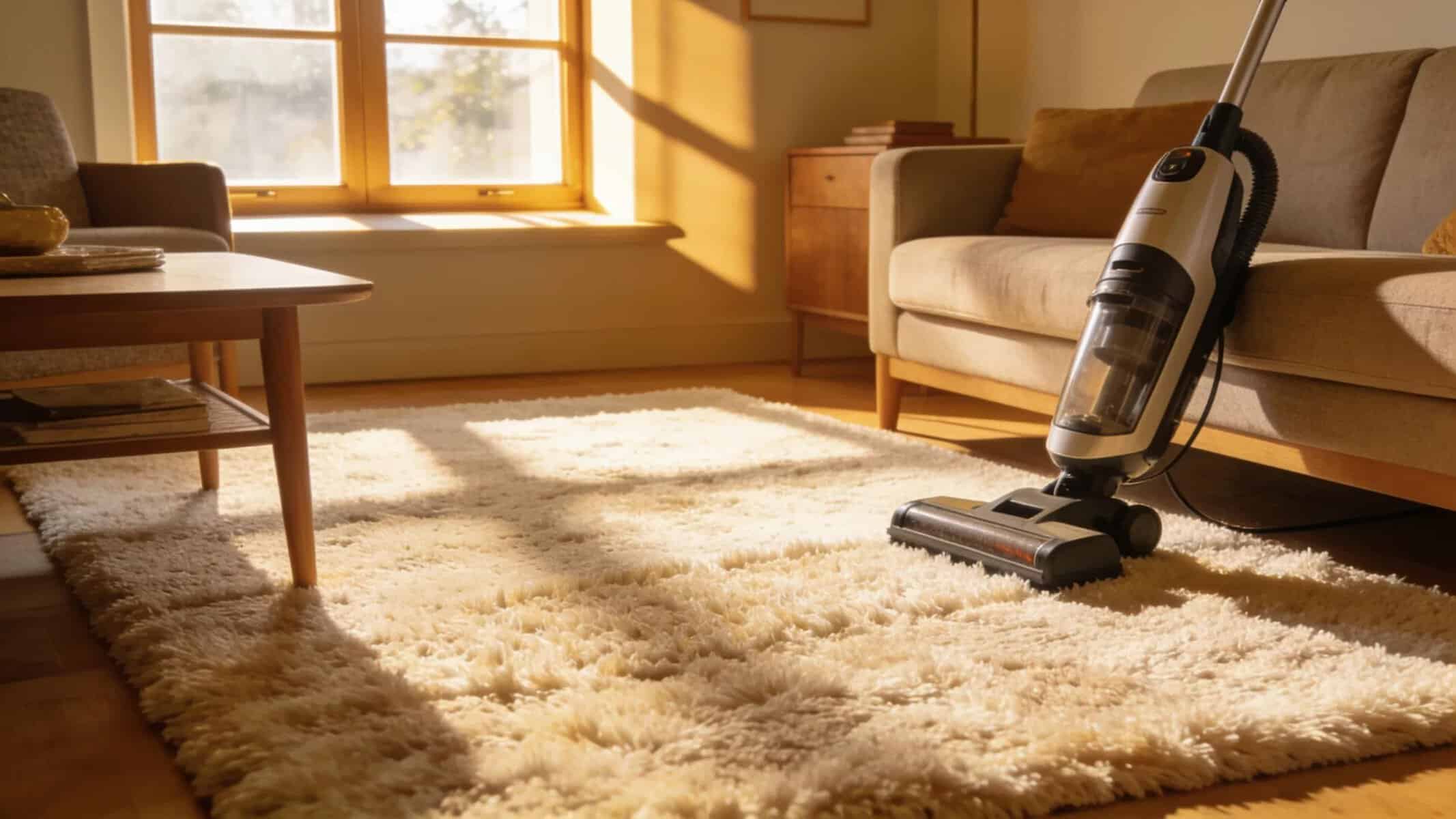Upright vacuum cleaner on area rug illustrating carpet maintenance for Alexandria homes.